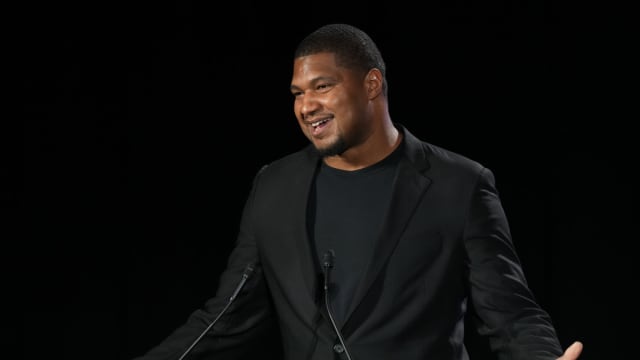 Feb 7, 2024; Las Vegas, NV, USA; Calais Campbell receives the NFLPA Alan Page Community Award at the NFLPA Press Conference at the Mandalay Bay Convention Center prior to Super Bowl LVIII.